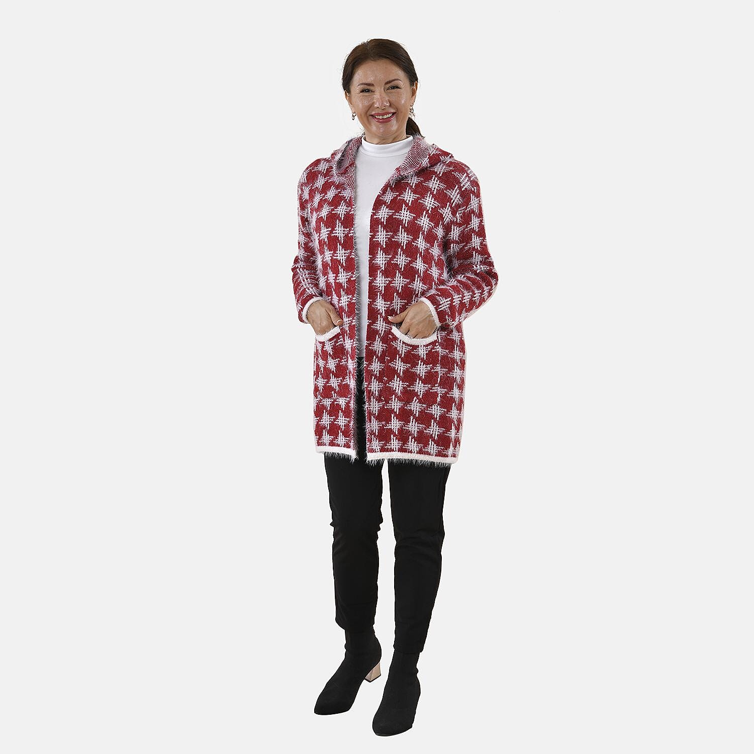 Tamsy Geometric Pattern Cardigan with Pockets (Size 8-16) - Red & White