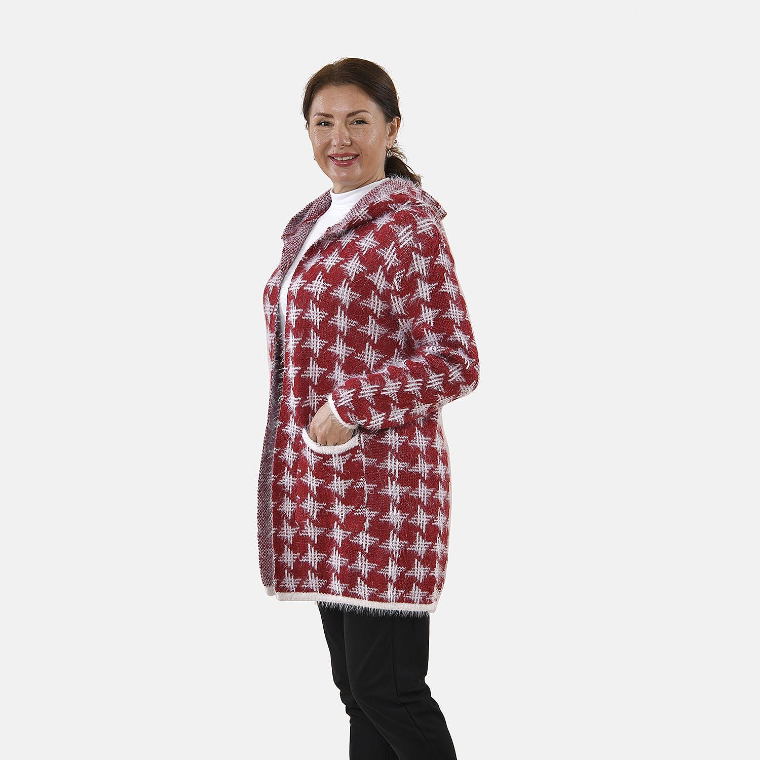 Tamsy Geometric Pattern Cardigan with Pockets (Size 8-16) - Red & White