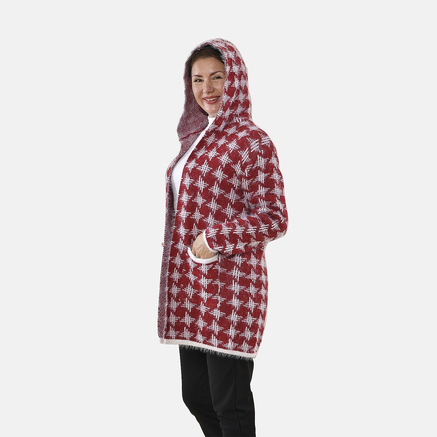 Tamsy Geometric Pattern Cardigan with Pockets (Size 8-16) - Red & White