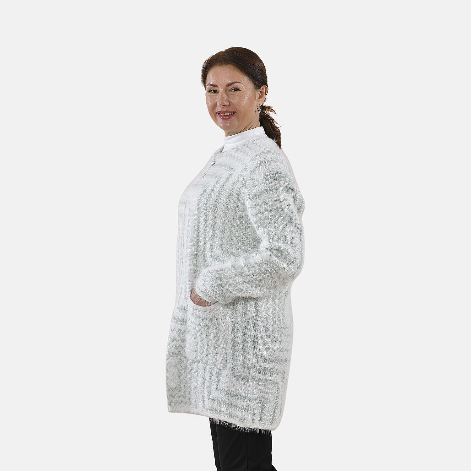 Tamsy Geometric Pattern Cardigan and Sweater-Jumper (Size Free 8-20 ) - White & Green