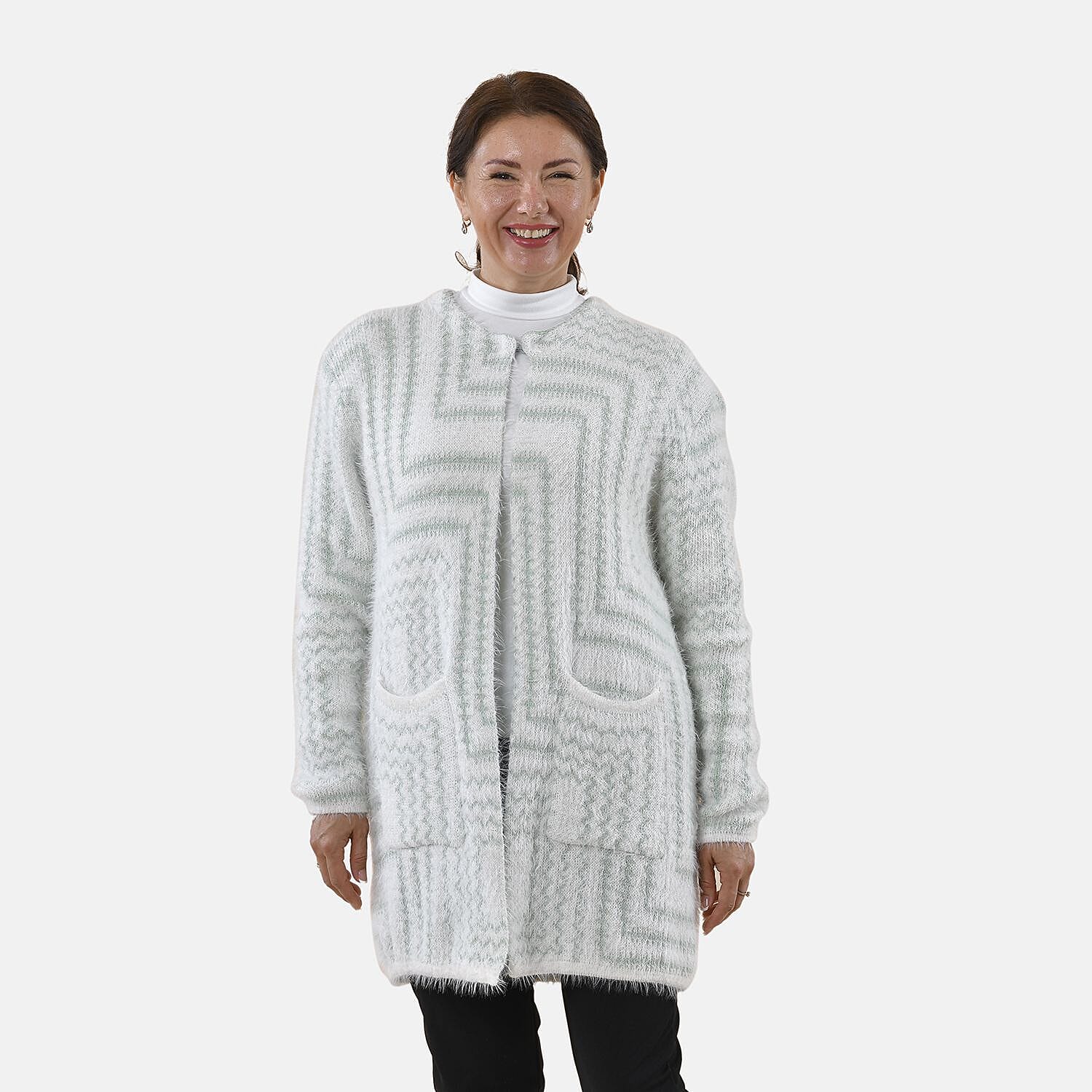 Tamsy Geometric Pattern Cardigan and Sweater-Jumper (Size Free 8-20 ) - White & Green