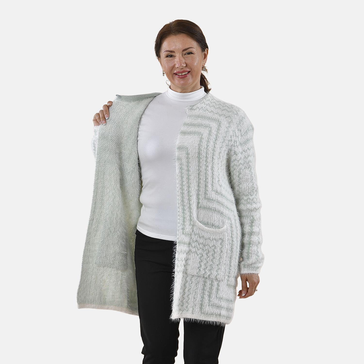 Tamsy Geometric Pattern Cardigan and Sweater-Jumper (Size Free 8-20 ) - White & Green