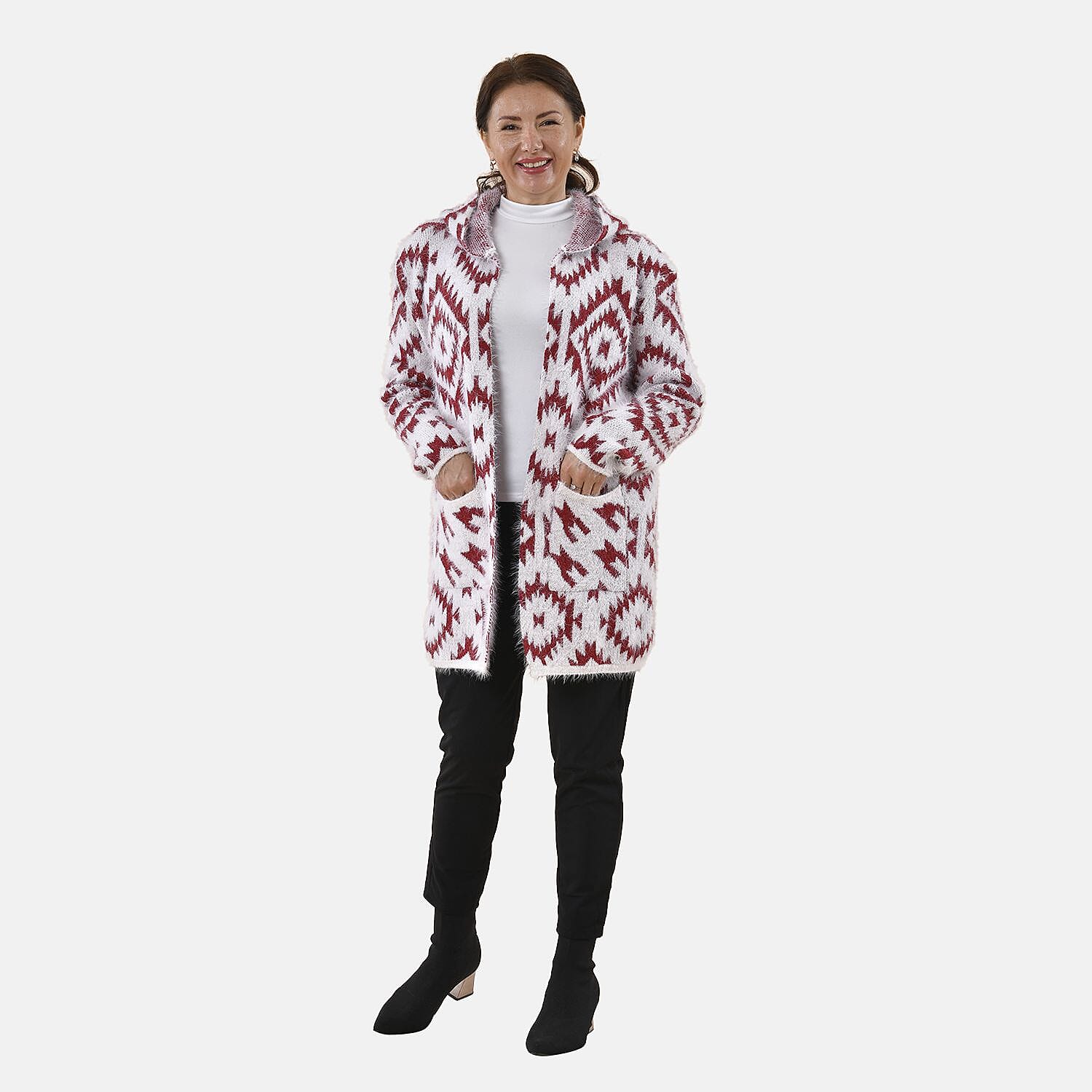 Tamsy Winter Ikat Pattern Hoodie Cardigan (Free Size, 8-20) - White & Burgundy