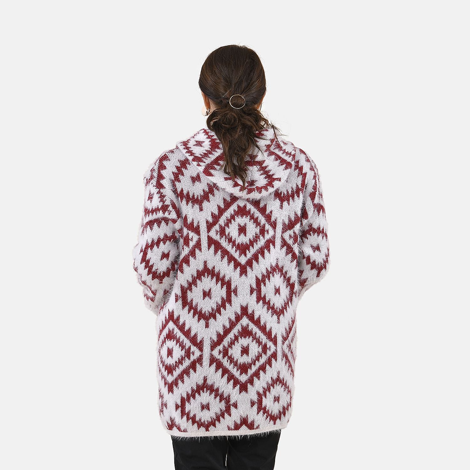 Tamsy Winter Ikat Pattern Hoodie Cardigan (Free Size, 8-20) - White & Burgundy
