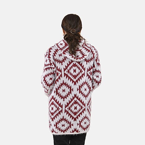 Tamsy Winter Ikat Pattern Hoodie Cardigan (Free Size, 8-20) - White & Burgundy