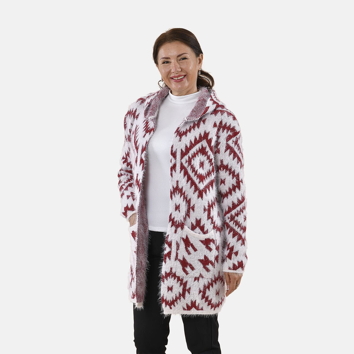 Tamsy Winter Ikat Pattern Hoodie Cardigan (Free Size, 8-20) - White & Burgundy
