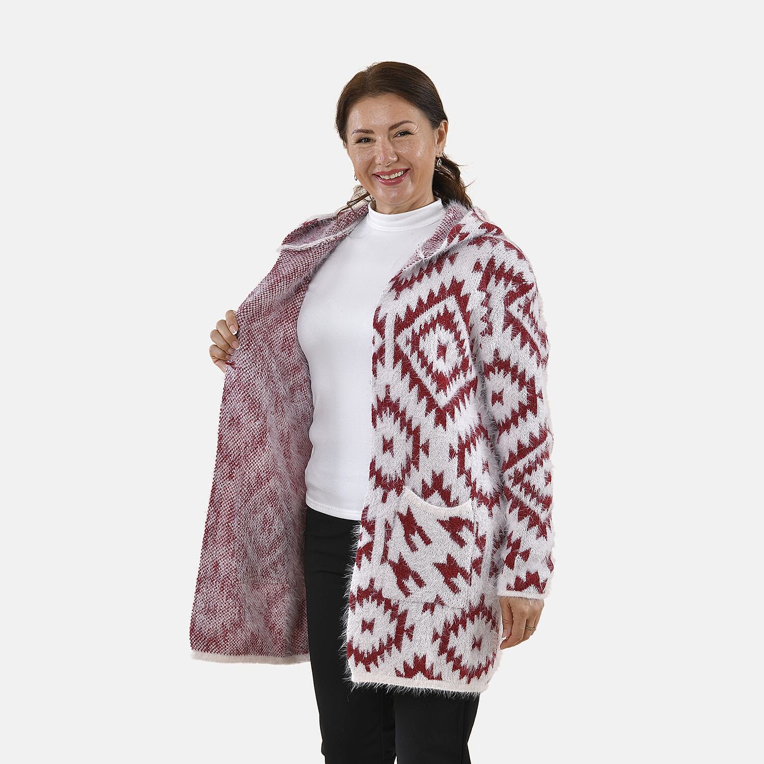 Tamsy Winter Ikat Pattern Hoodie Cardigan (Free Size, 8-20) - White & Burgundy