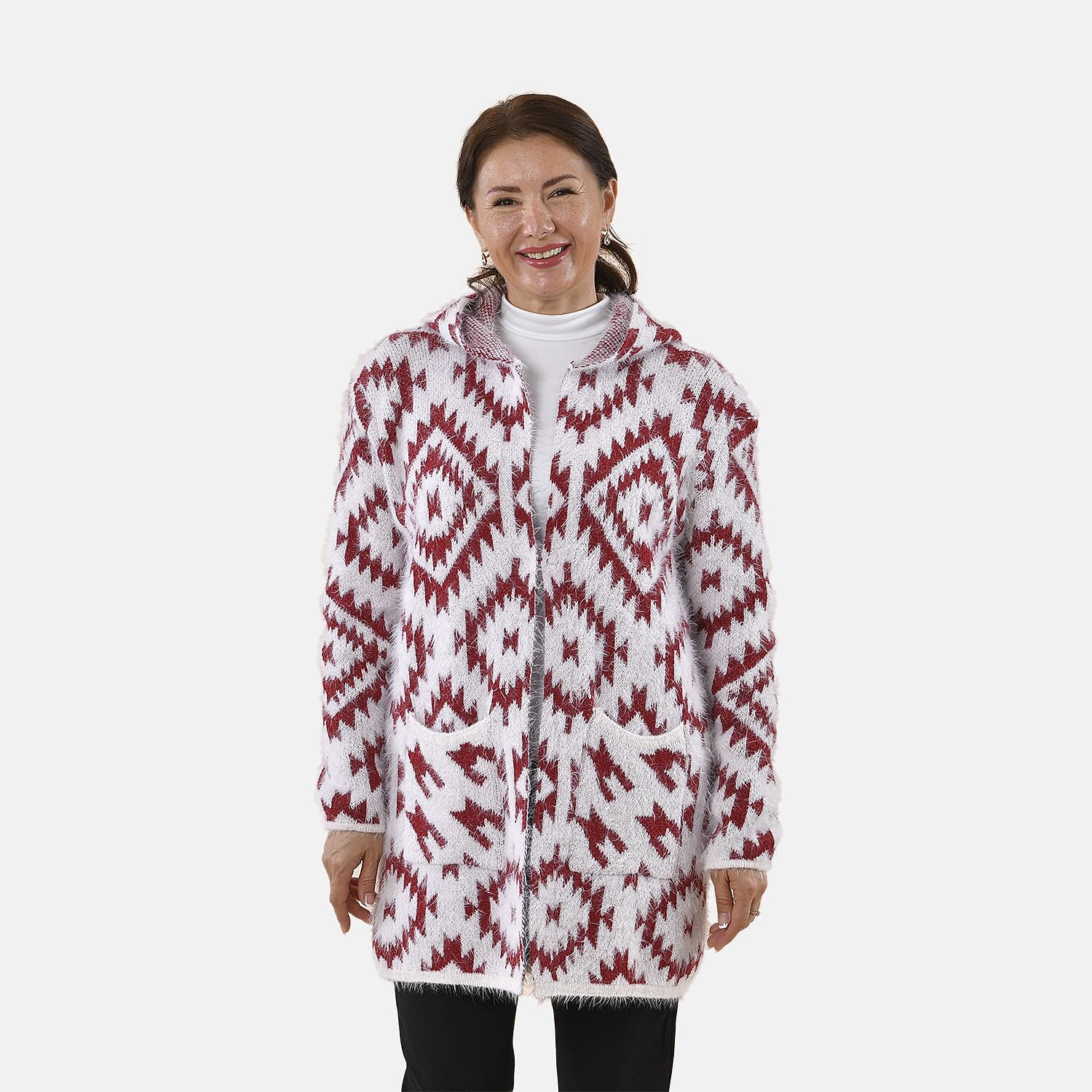Tamsy Winter Ikat Pattern Hoodie Cardigan (Free Size, 8-20) - White & Burgundy