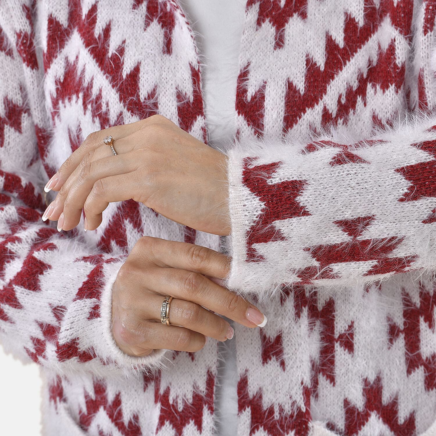 Tamsy Winter Ikat Pattern Hoodie Cardigan (Free Size, 8-20) - White & Burgundy