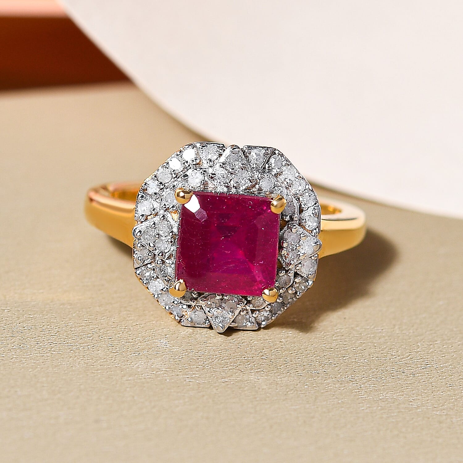 GP Art Deco Collection - African Ruby & Diamond Ring in 18K Vermeil YG Plated Sterling Silver 2.71 Ct