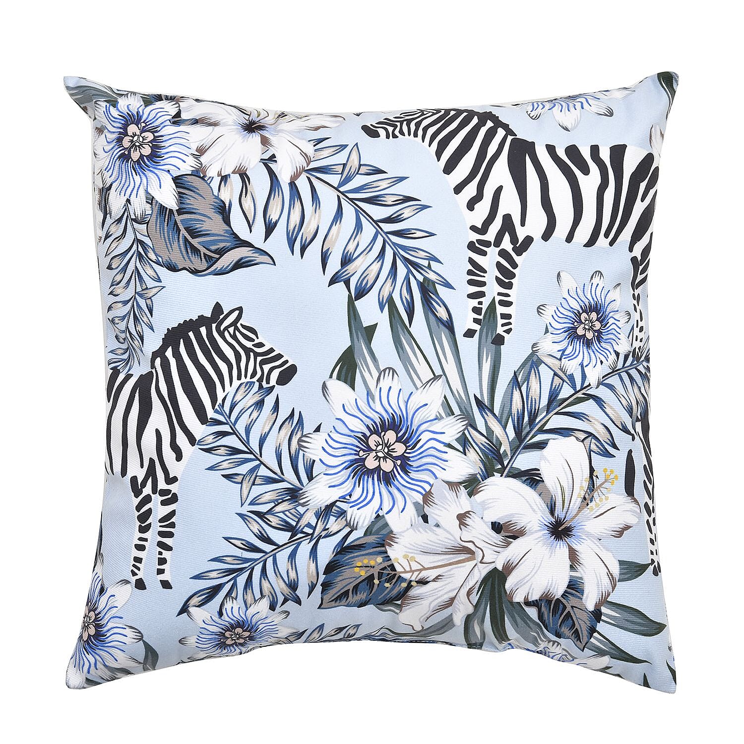 TJC Zebra and Floral Pattern Velvet Cushion (Size 43x43 Cm) - Blue