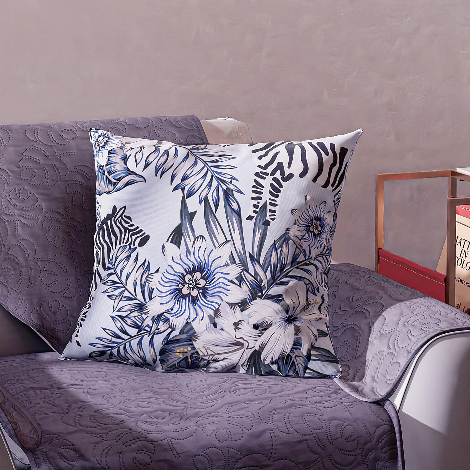 TJC Zebra and Floral Pattern Velvet Cushion (Size 43x43 Cm) - Blue