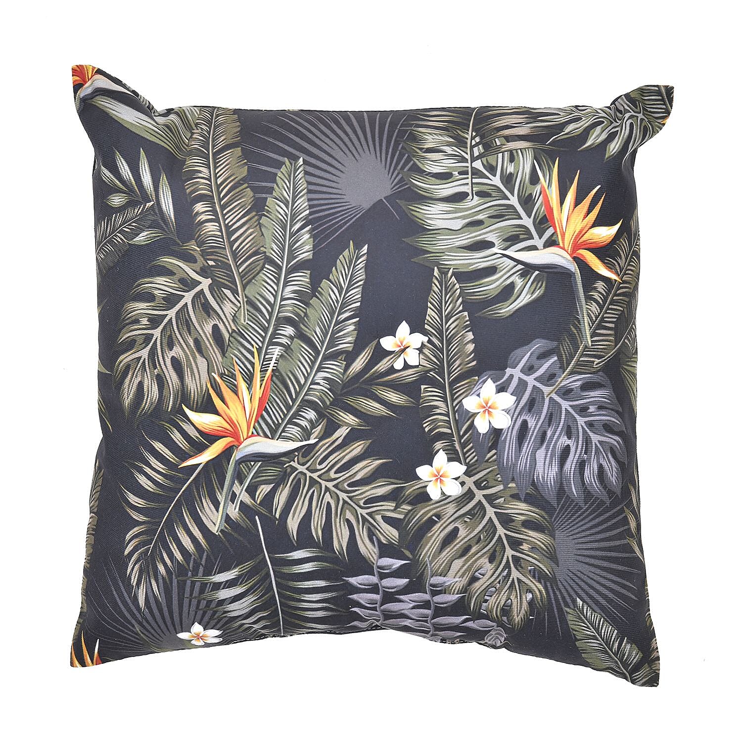 TJC Tropical Leaves and Floral Pattern Velvet Cushion (Size 43x43 Cm) - Black