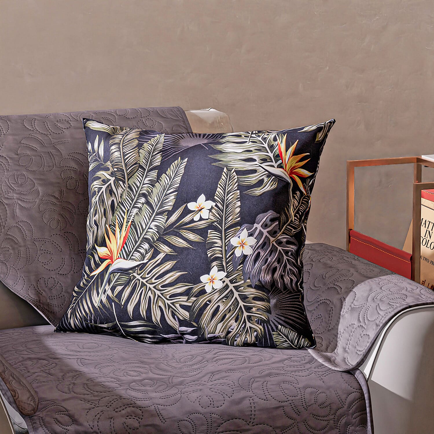 TJC Tropical Leaves and Floral Pattern Velvet Cushion (Size 43x43 Cm) - Black