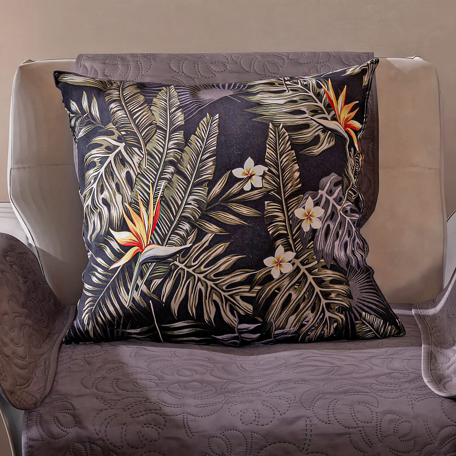 TJC Tropical Leaves and Floral Pattern Velvet Cushion (Size 43x43 Cm) - Black