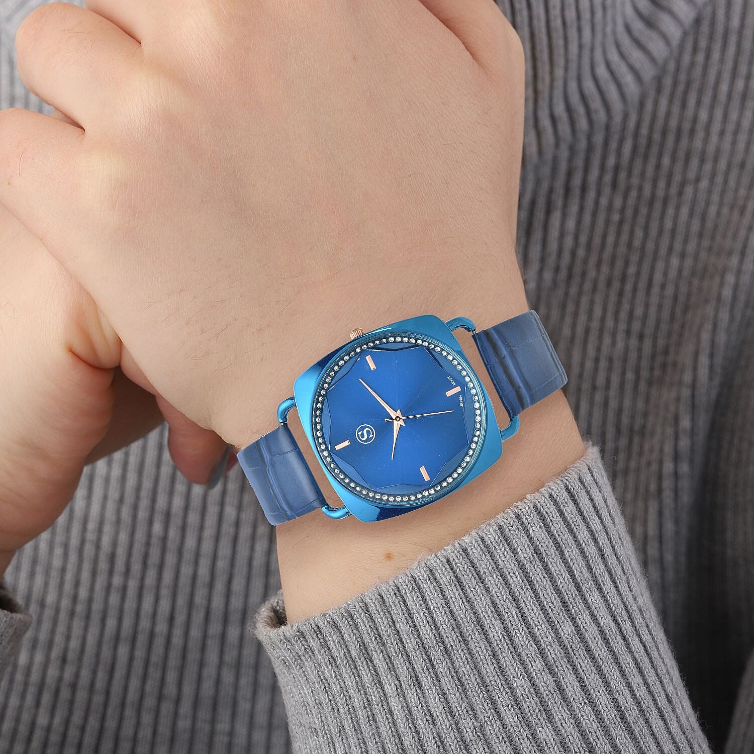 STRADA Japanese Movement White Crystal Studded Water Resistant Watch with Blue Colour Strap