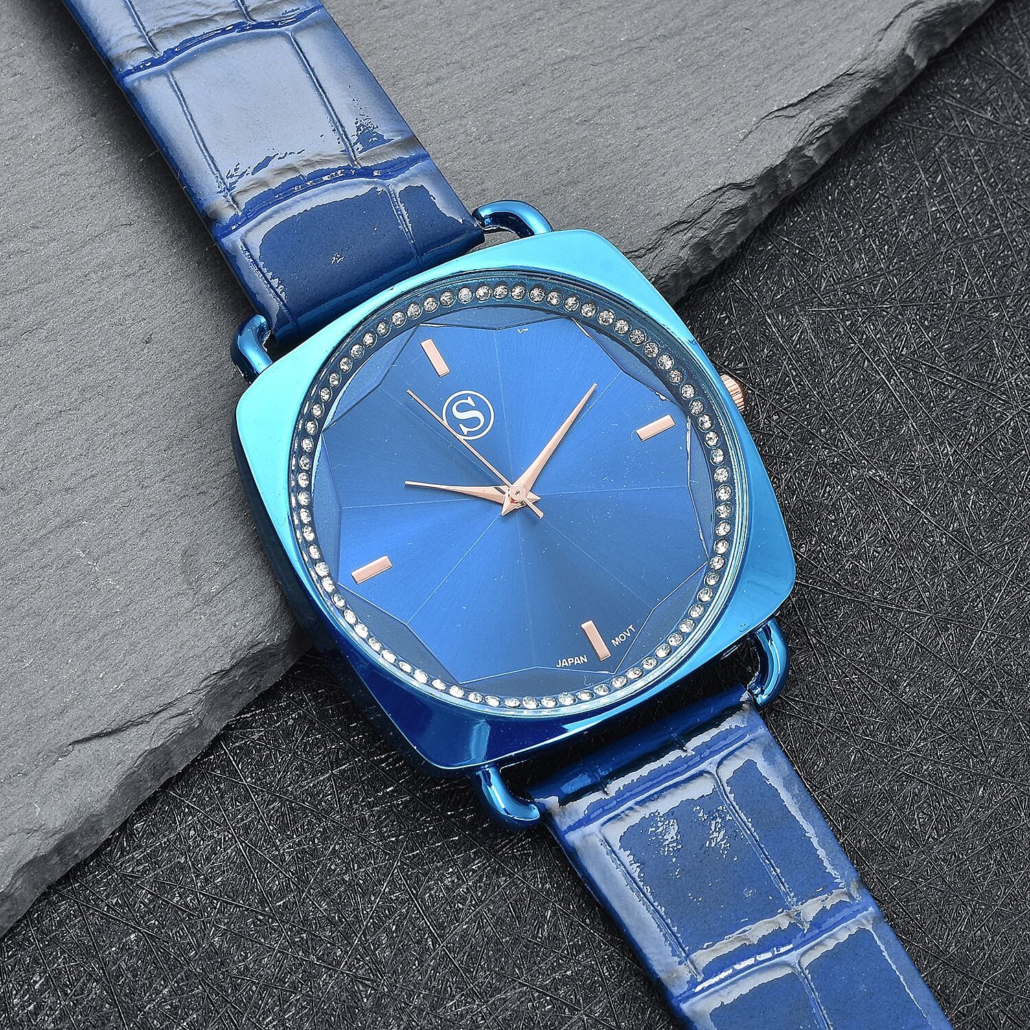 STRADA Japanese Movement White Crystal Studded Water Resistant Watch with Blue Colour Strap