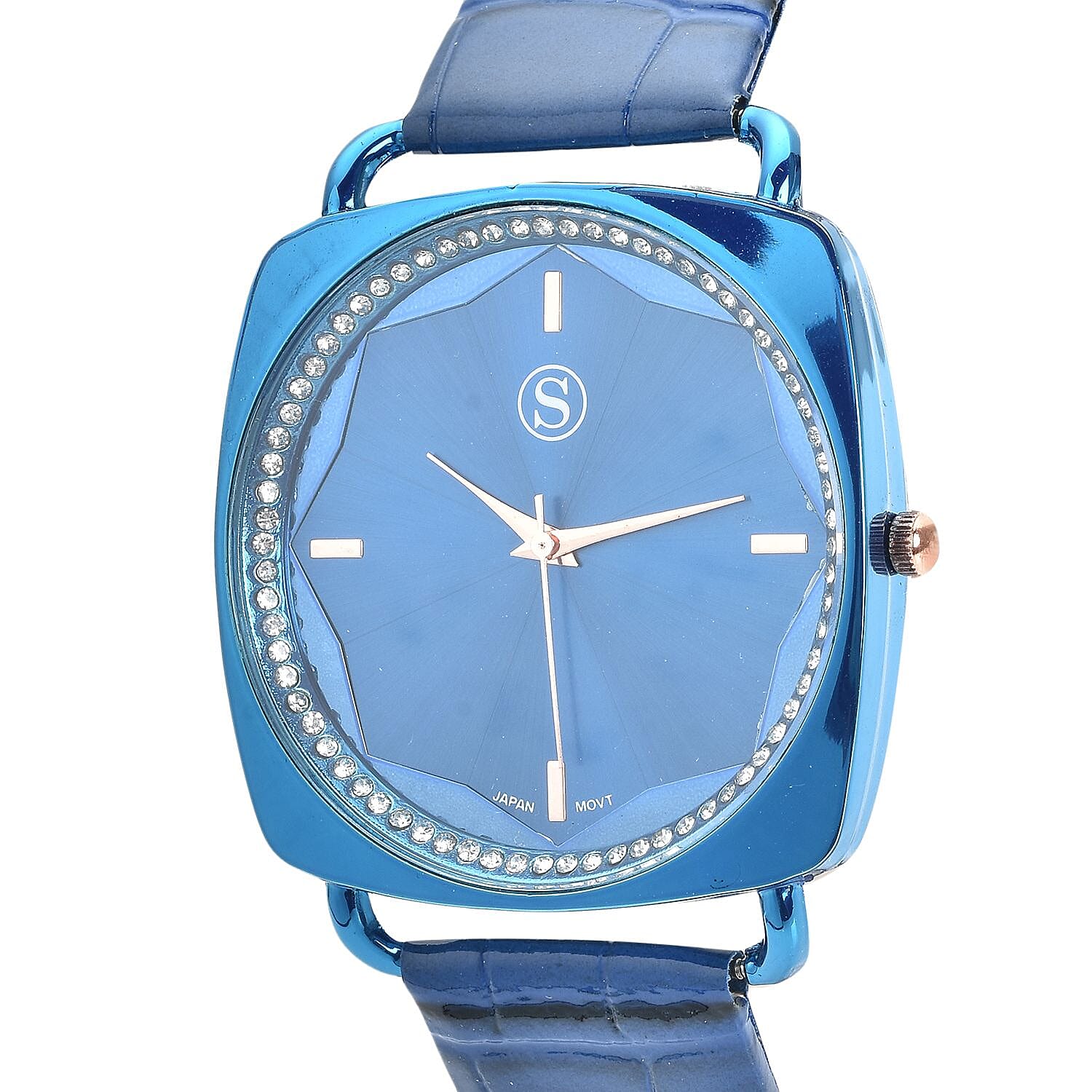 STRADA Japanese Movement White Crystal Studded Water Resistant Watch with Blue Colour Strap