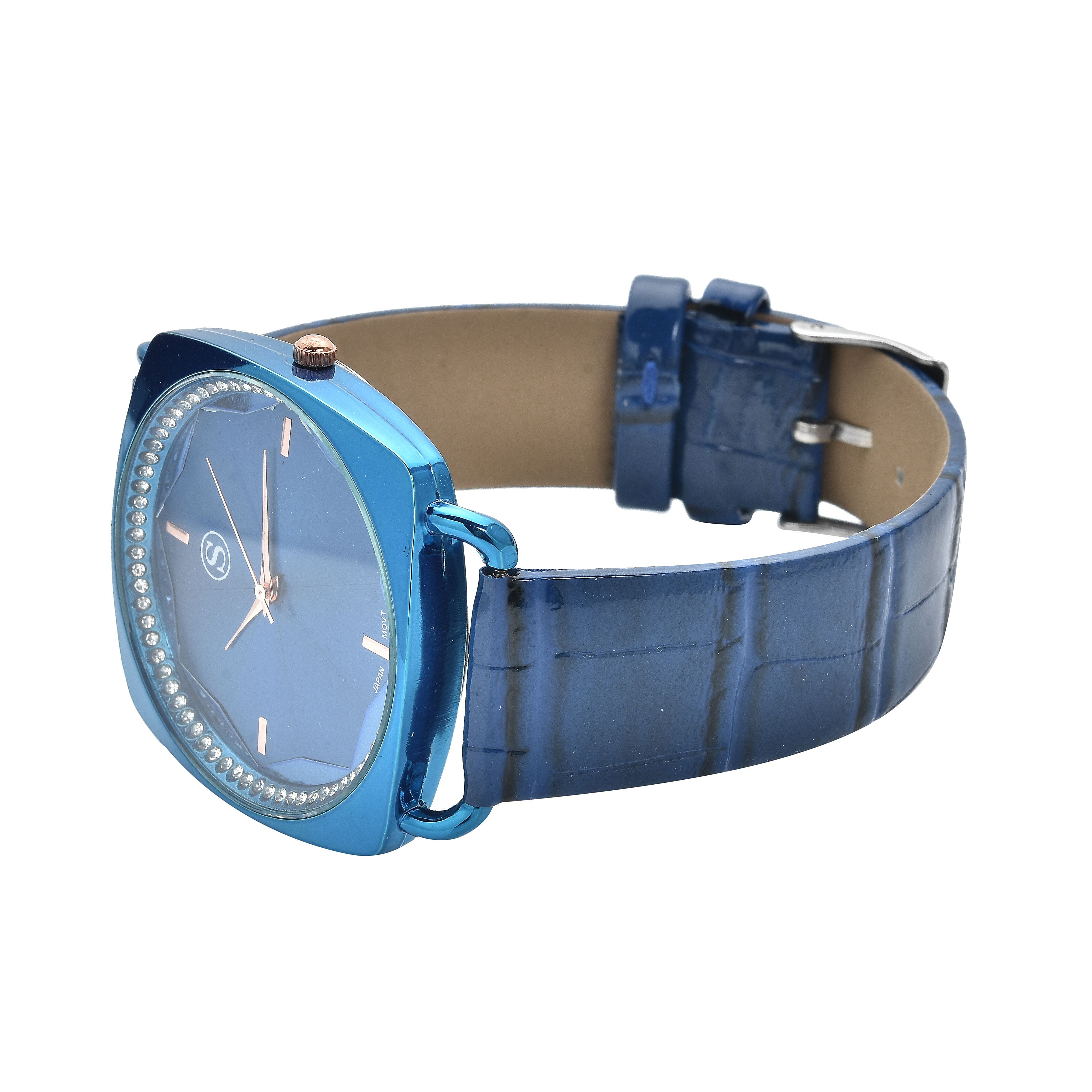 STRADA Japanese Movement White Crystal Studded Water Resistant Watch with Blue Colour Strap