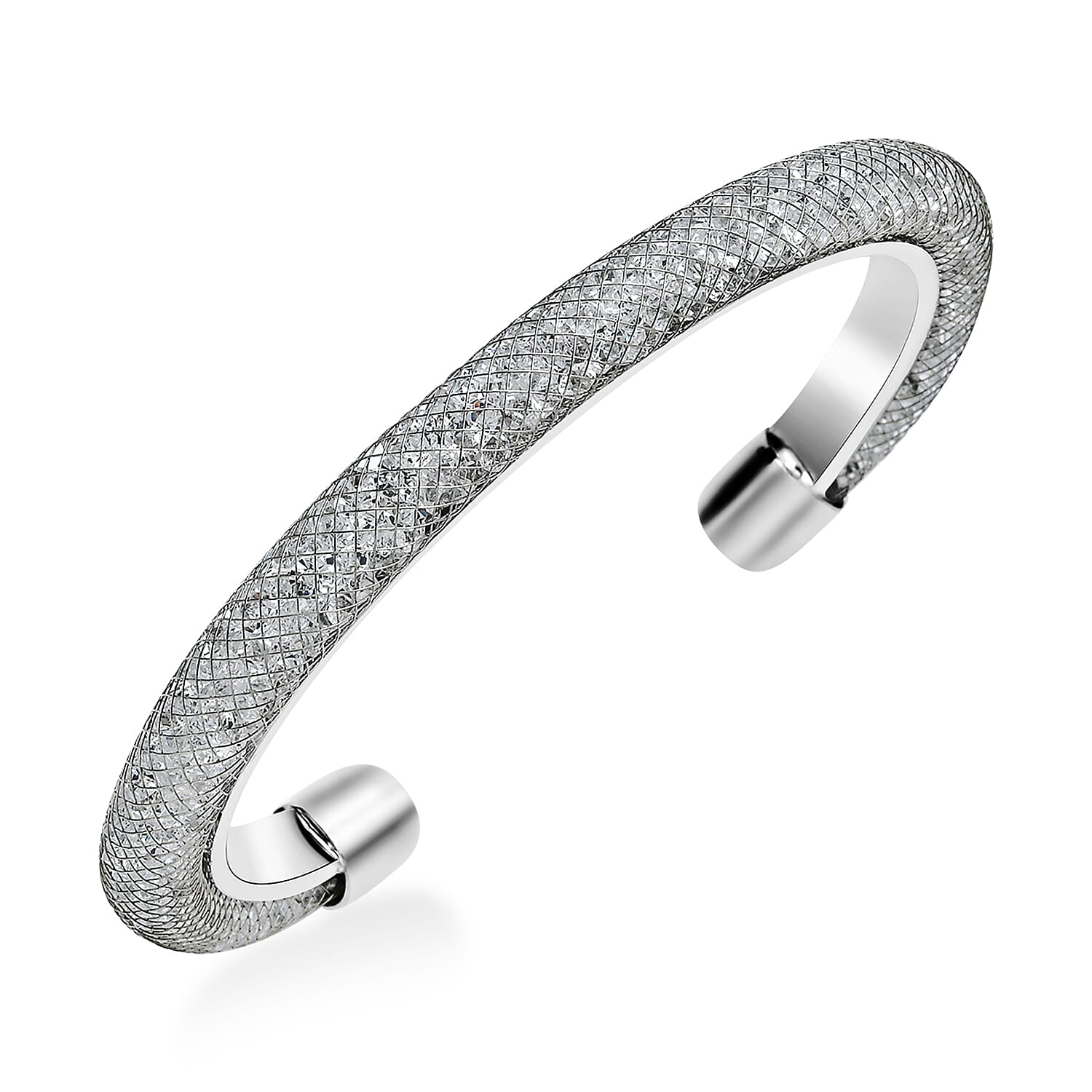 White Austrian Crystal Cuff Bangle (Size 7.5) in Silver Tone