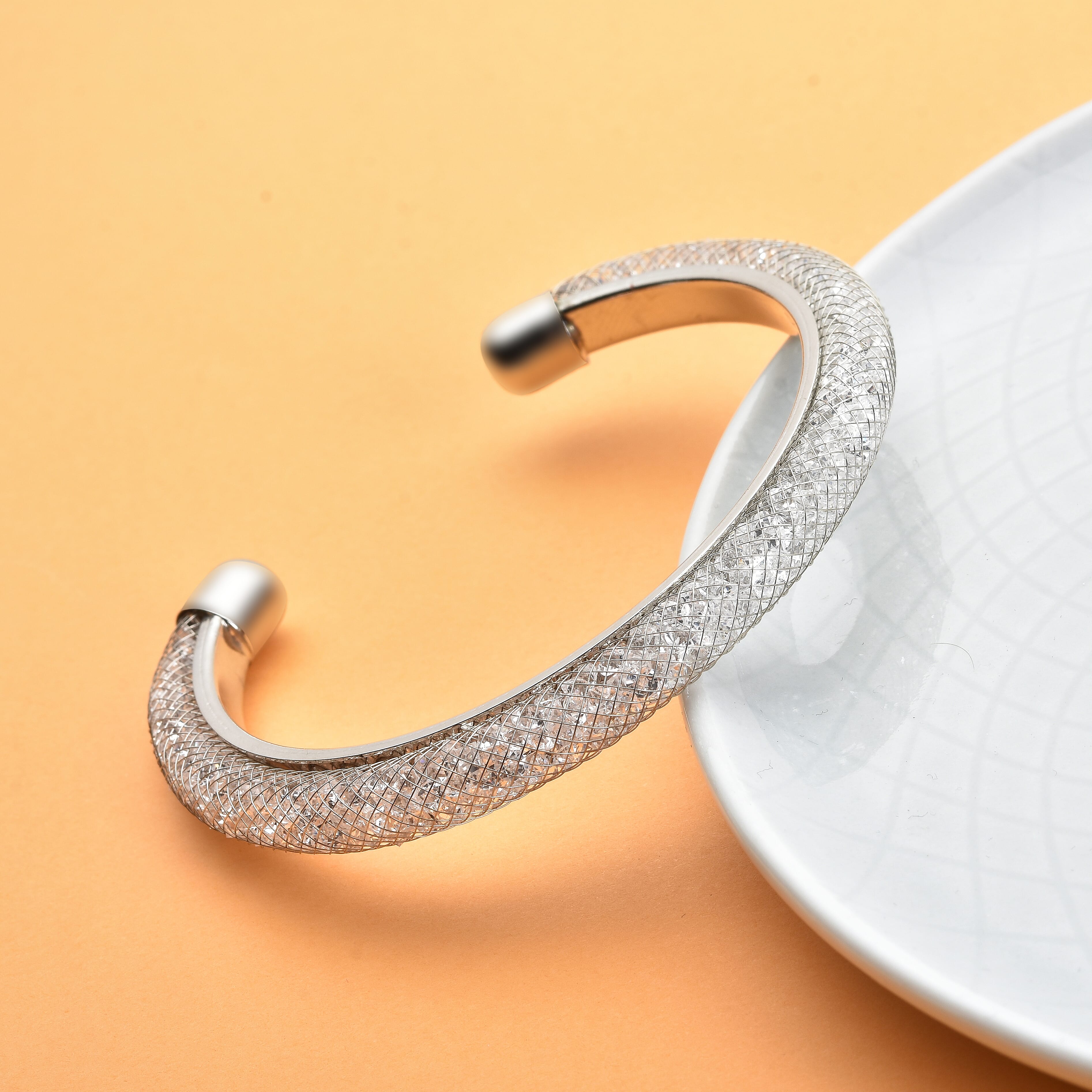 White Austrian Crystal Cuff Bangle (Size 7.5) in Silver Tone