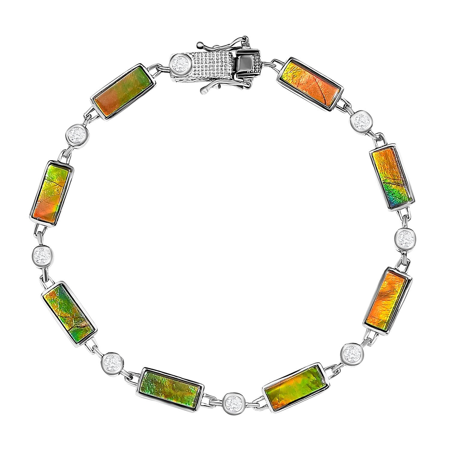 Ammolite and Natural Cambodian Zircon Bracelet (Size - 7.5) in Platinum Overlay Sterling Silver 10.62 Ct, Silver Wt. 9.32 Gms