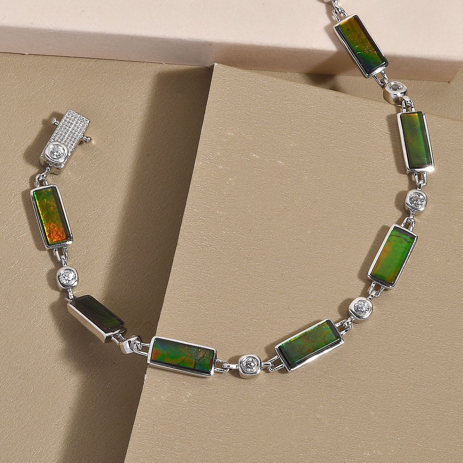 Ammolite and Natural Cambodian Zircon Bracelet (Size - 7.5) in Platinum Overlay Sterling Silver 10.62 Ct, Silver Wt. 9.32 Gms