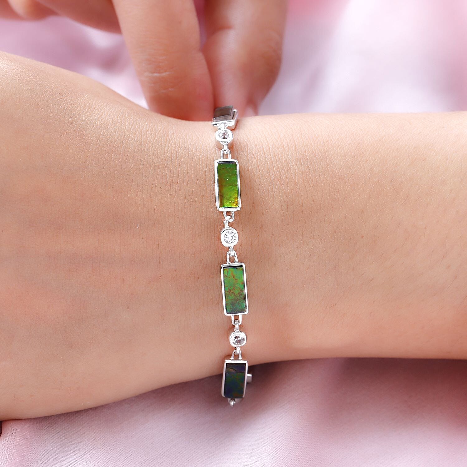 Ammolite and Natural Cambodian Zircon Bracelet (Size - 7.5) in Platinum Overlay Sterling Silver 10.62 Ct, Silver Wt. 9.32 Gms