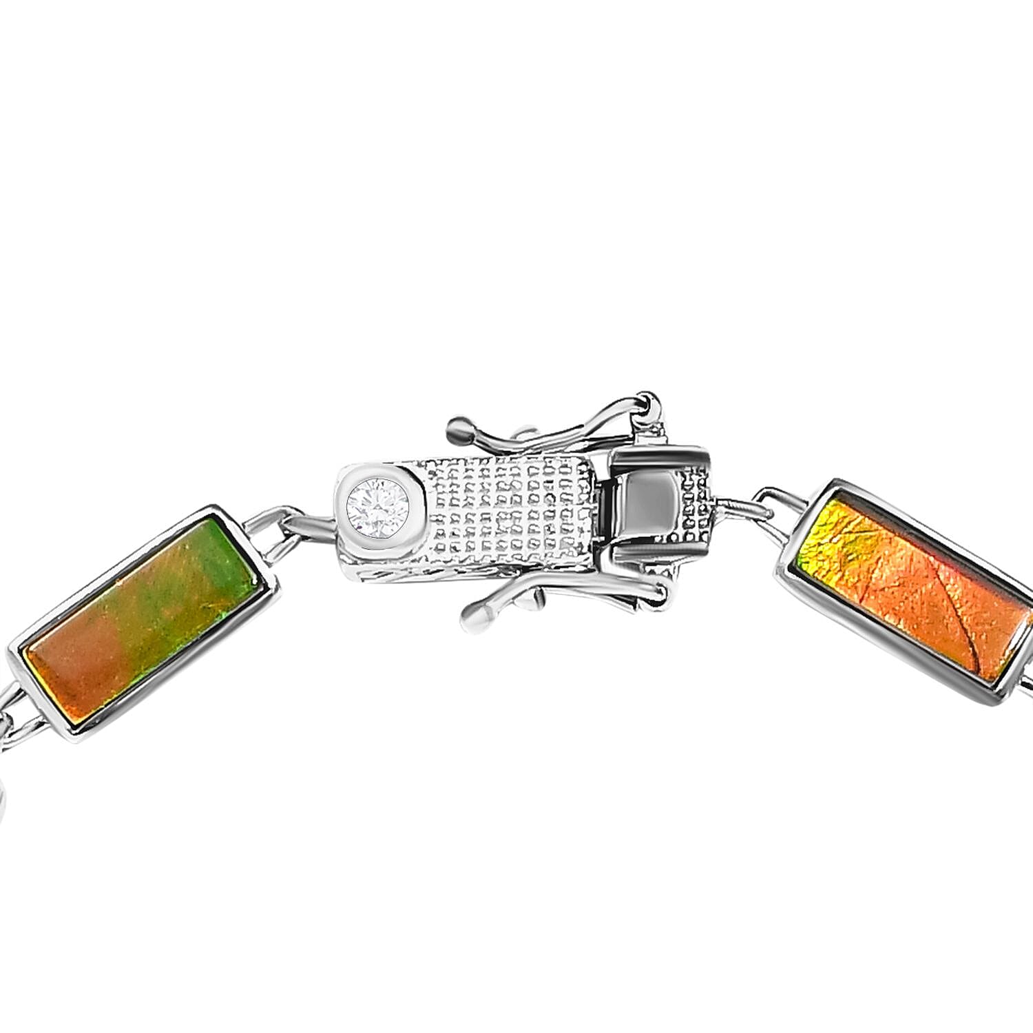 Ammolite and Natural Cambodian Zircon Bracelet (Size - 7.5) in Platinum Overlay Sterling Silver 10.62 Ct, Silver Wt. 9.32 Gms
