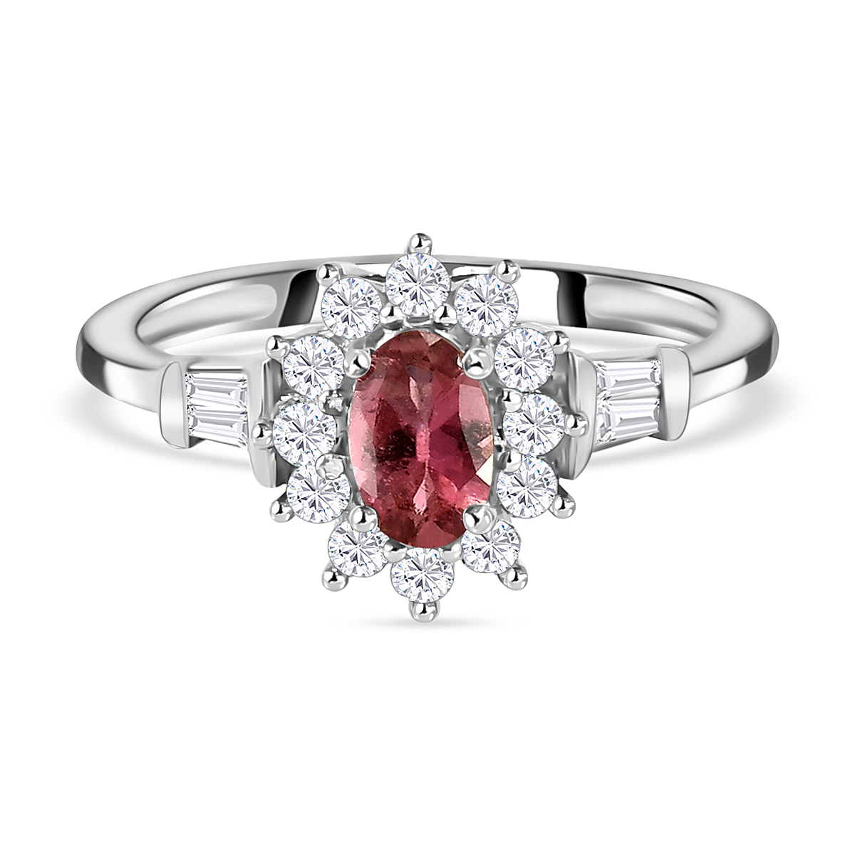 Rubellite and Natural Zircon Halo Ring in Platinum Overlay Sterling Silver.