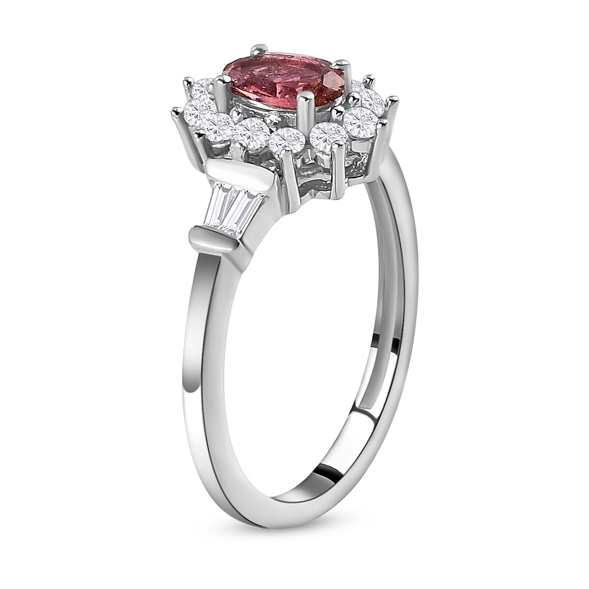 Rubellite and Natural Zircon Halo Ring in Platinum Overlay Sterling Silver.