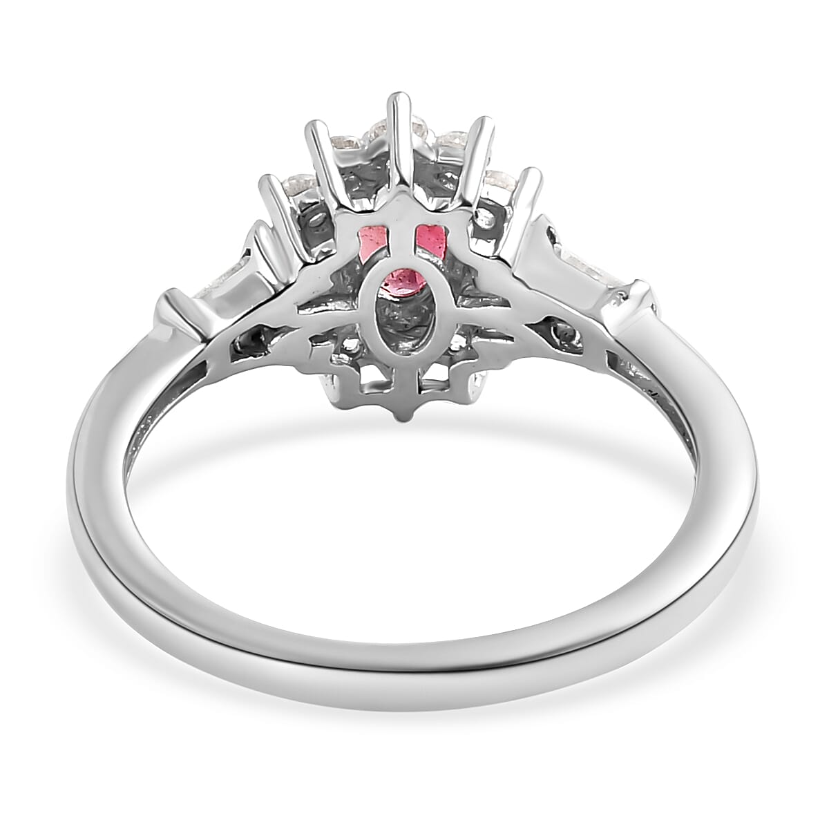 Rubellite and Natural Zircon Halo Ring in Platinum Overlay Sterling Silver.