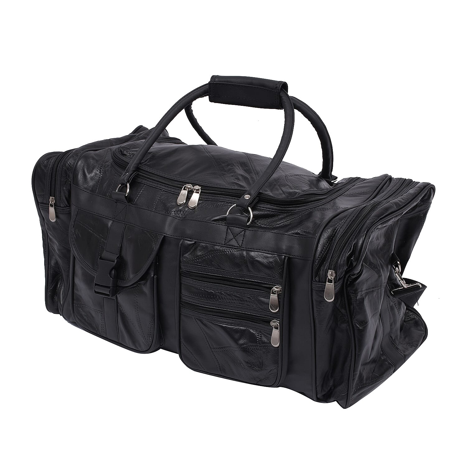 LOS ANGELES CLOSEOUT 100% Genuine Patch Leather Travel Duffle Bag with Shoulder Strap (Size 23x11x10 Inches) - Black