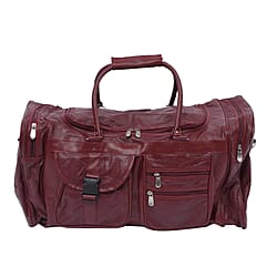 LOS ANGELES CLOSEOUT Genuine Patch Leather Travel Duffle Bag with Shoulder Strap - Brown
