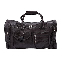 LOS ANGELES CLOSEOUT Genuine Patch Leather Travel Duffle Bag with Shoulder Strap - Brown