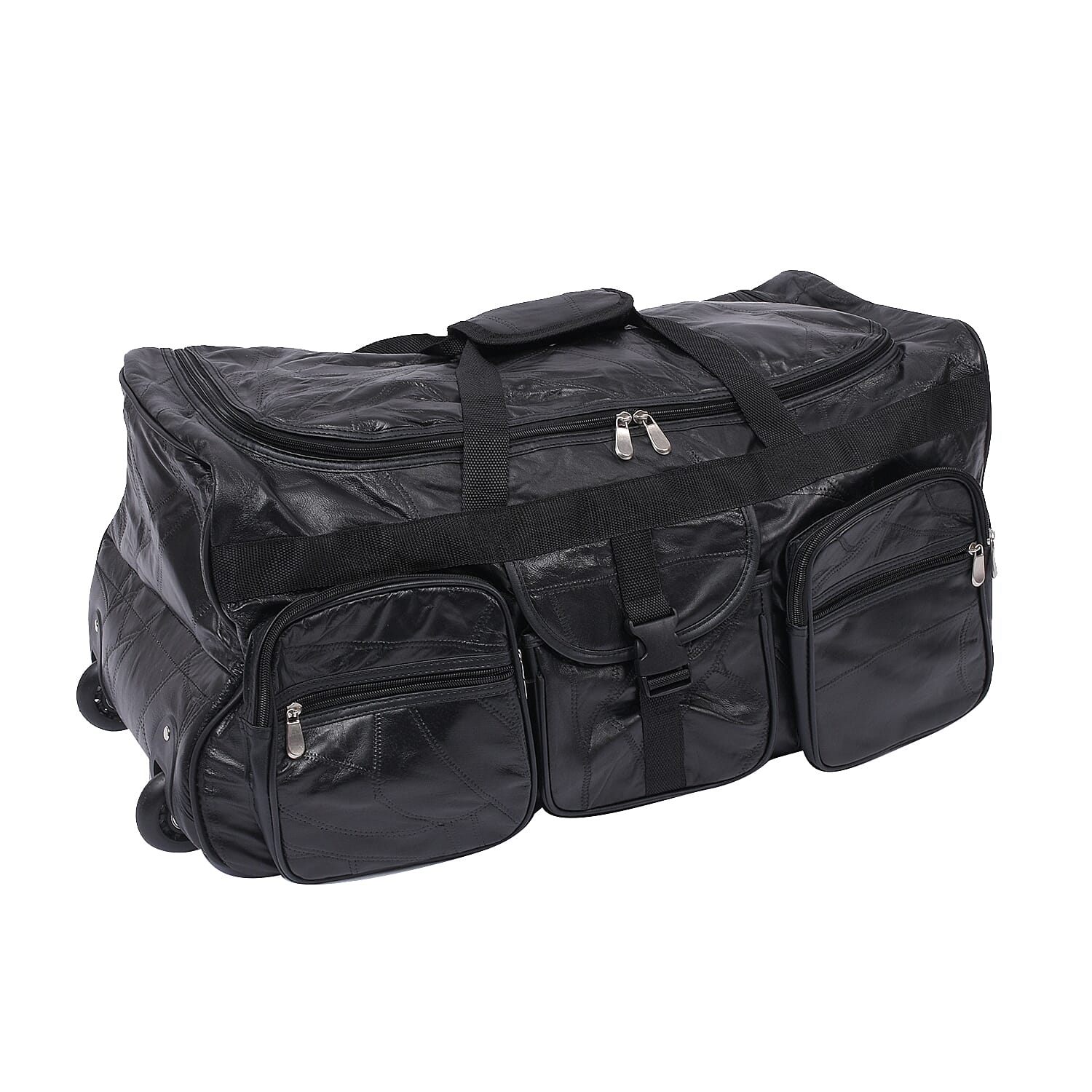 LOS ANGELES CLOSEOUT 100% Genuine Patch Leather Travel Duffle Bag with Trolley (Size 25x13x12 Inches) - Black