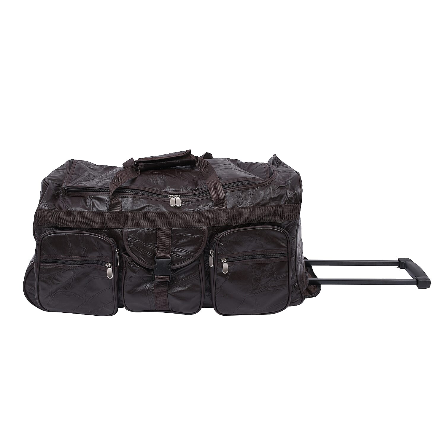 LOS ANGELES CLOSEOUT 100% Genuine Patch Leather Travel Duffle Bag with Trolley (Size 25x13x12 Inches) - Brown