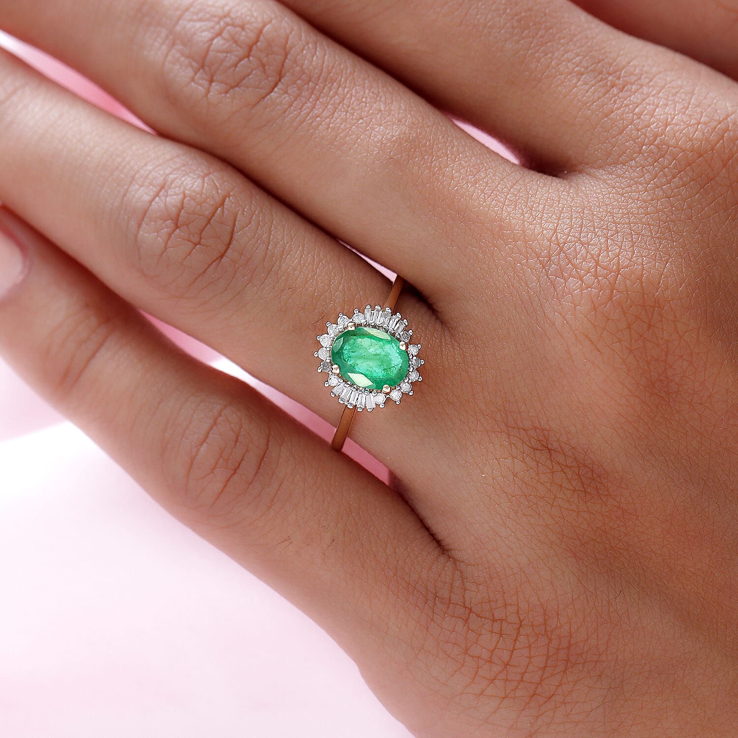 9K Yellow Gold Kagem Zambian Emerald and Diamond Ring 1.25 Ct.
