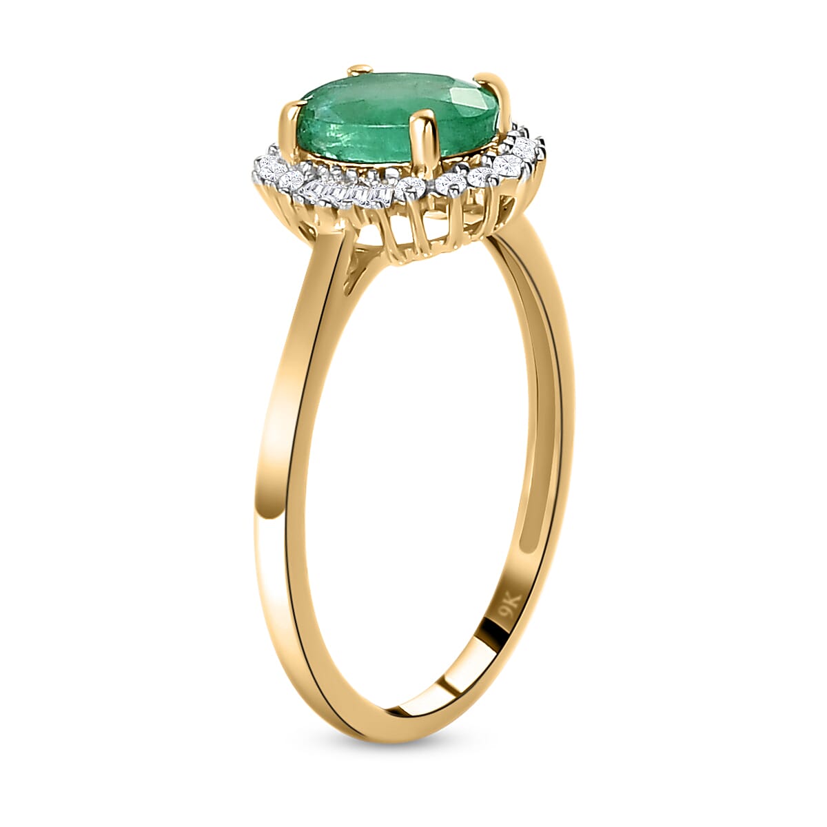 9K Yellow Gold Kagem Zambian Emerald and Diamond Ring 1.25 Ct.
