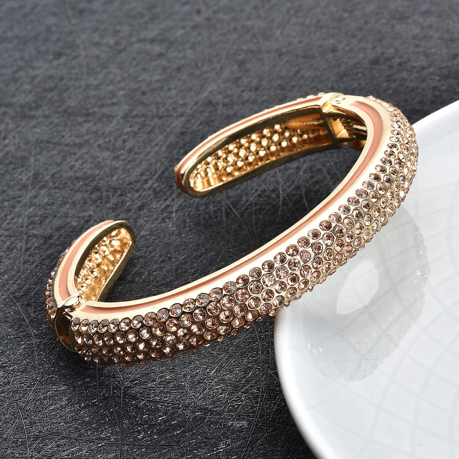 Champagne Austrian Crystal Cuff Bangle (Size 7) Enamelled in Yellow Gold Tone