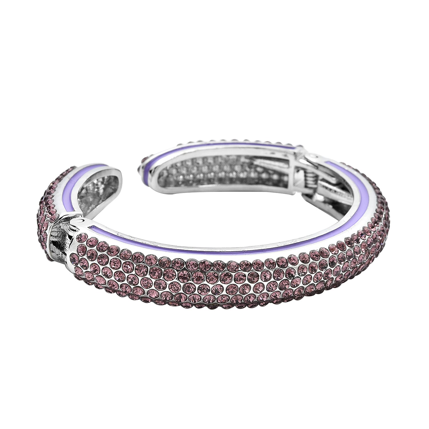 Purple Austrian Crystal Cuff Bangle (Size 7) Enamelled in Silver Tone