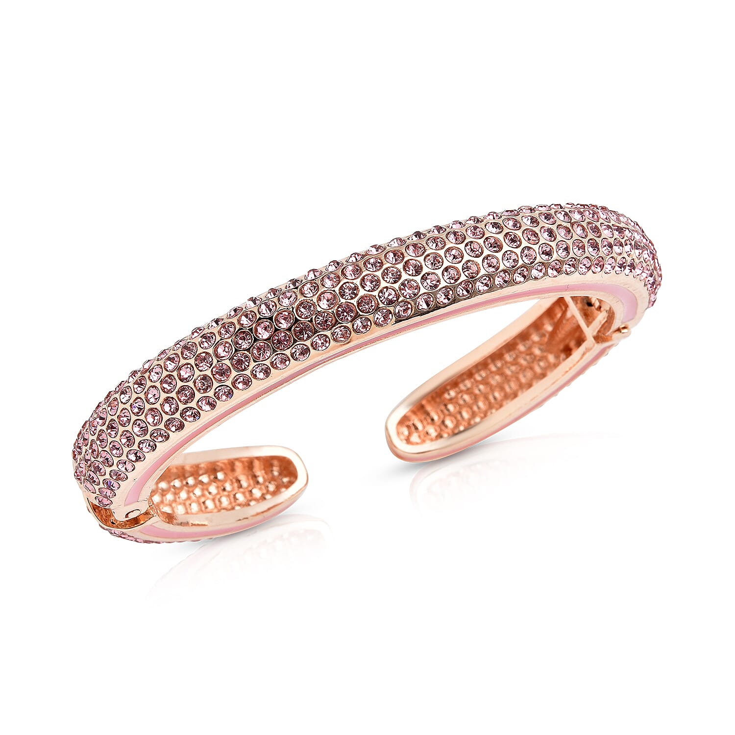 Pink Austrian Crystal Cuff Bangle (Size 7) Enamelled in Rose Gold Tone