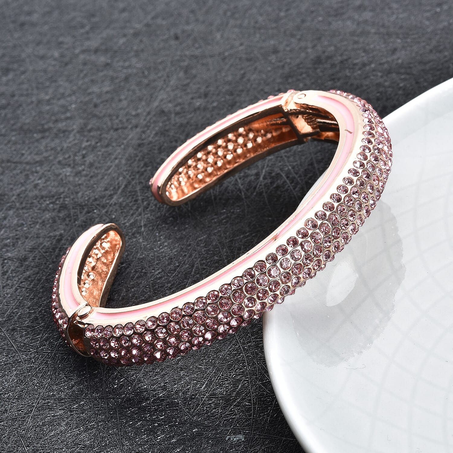 Pink Austrian Crystal Cuff Bangle (Size 7) Enamelled in Rose Gold Tone