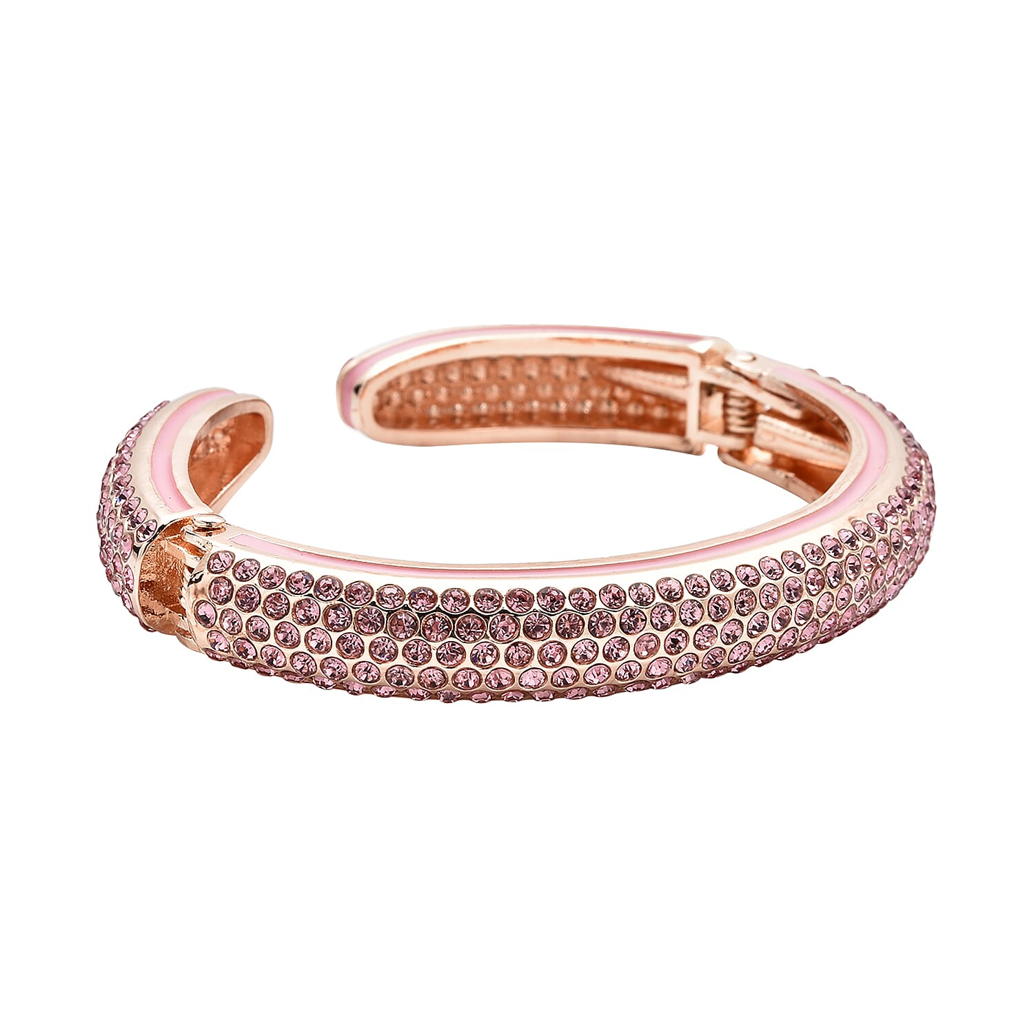 Pink Austrian Crystal Cuff Bangle (Size 7) Enamelled in Rose Gold Tone