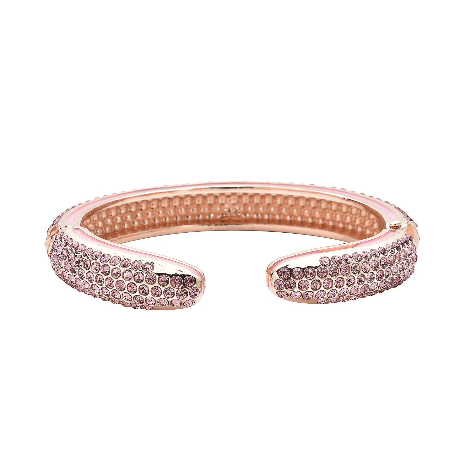 Pink Austrian Crystal Cuff Bangle (Size 7) Enamelled in Rose Gold Tone