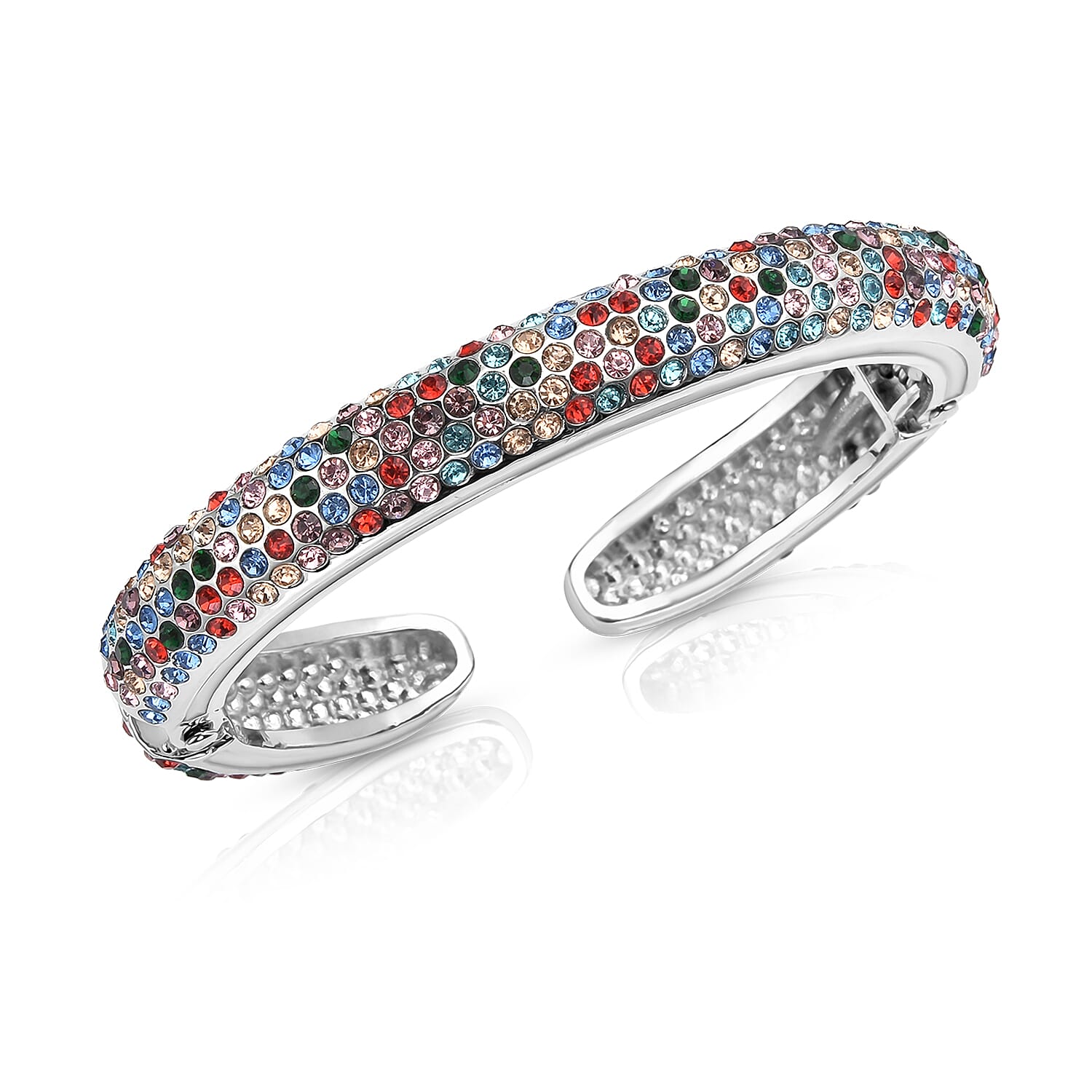 Multi Colour Austrian Crystal Bangle (Size 7) in Silver Tone
