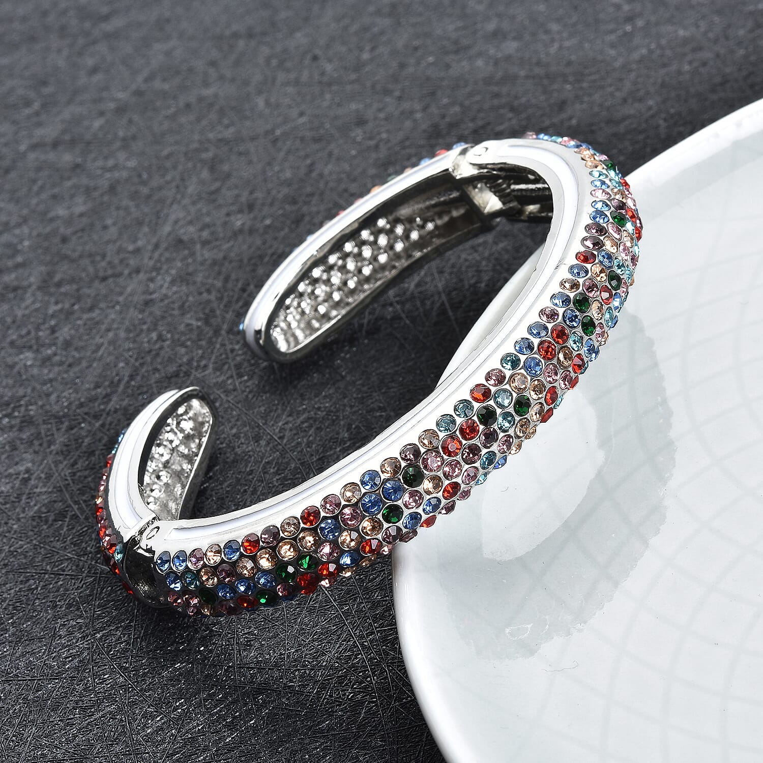 Multi Colour Austrian Crystal Bangle (Size 7) in Silver Tone