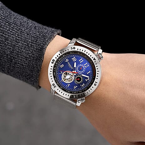 Gamages Of London Aspect Timer Automatic Movement Navy Dial Water Resistant Watch with Silver Colour Mesh Bracelet