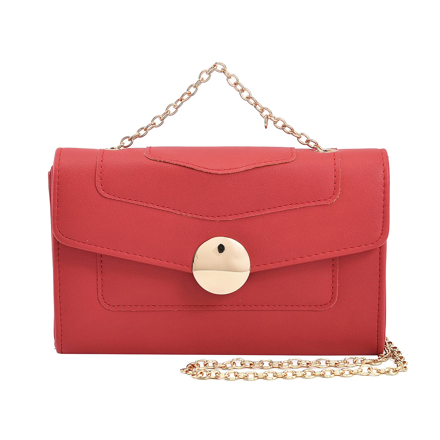 PU Litchi Grain Pattern Clutch Bag with Metal Chain and Shoulder Strap - Red