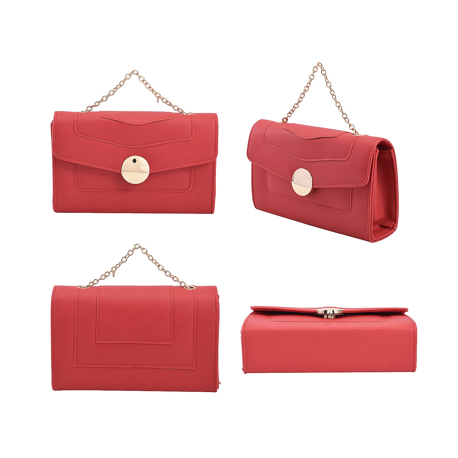 PU Litchi Grain Pattern Clutch Bag with Metal Chain and Shoulder Strap - Red